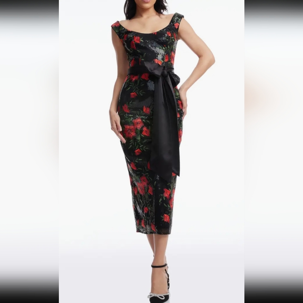 Dress the Population One Shoulder Black and Red Floral Dress
